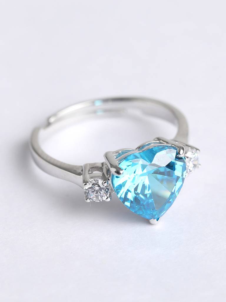 925 Sterling Silver Rhodium Plated Swiss Zirconia Sky Blue Heart Ring With Adjustable Band Gift For Women & Girls : CSCLRR1HT_BT