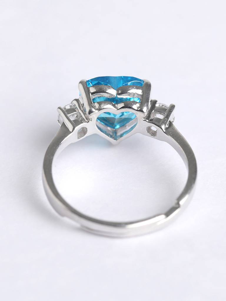 925 Sterling Silver Rhodium Plated Swiss Zirconia Sky Blue Heart Ring With Adjustable Band Gift For Women & Girls : CSCLRR1HT_BT