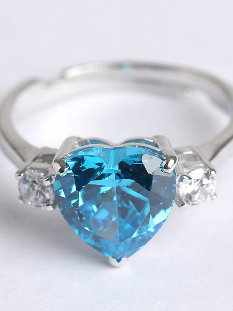 925 Sterling Silver Rhodium Plated Swiss Zirconia Sky Blue Heart Ring With Adjustable Band Gift For Women & Girls : CSCLRR1HT_BT