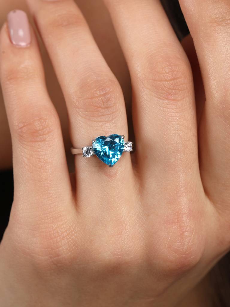 925 Sterling Silver Rhodium Plated Swiss Zirconia Sky Blue Heart Ring With Adjustable Band Gift For Women & Girls : CSCLRR1HT_BT