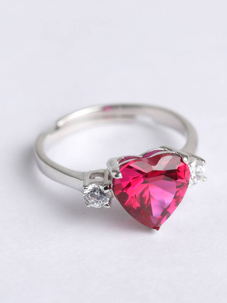 925 Sterling Silver Rhodium Plated Swiss Zirconia Blood Red Heart Ring With Adjustable Band Gift For Women & Gi : CSCLRR1HT_RU