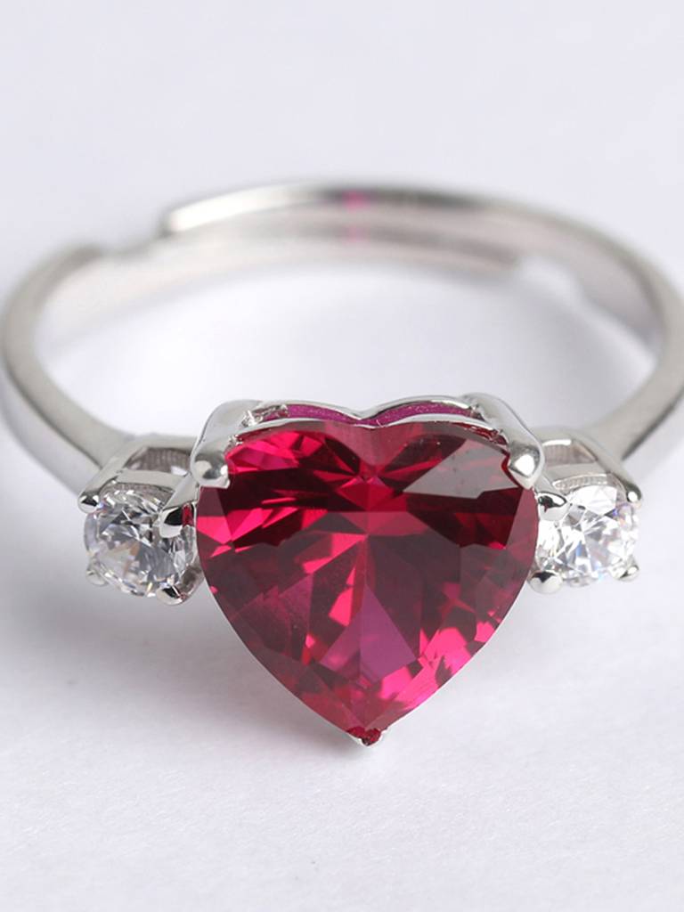 925 Sterling Silver Rhodium Plated Swiss Zirconia Blood Red Heart Ring With Adjustable Band Gift For Women & Gi : CSCLRR1HT_RU
