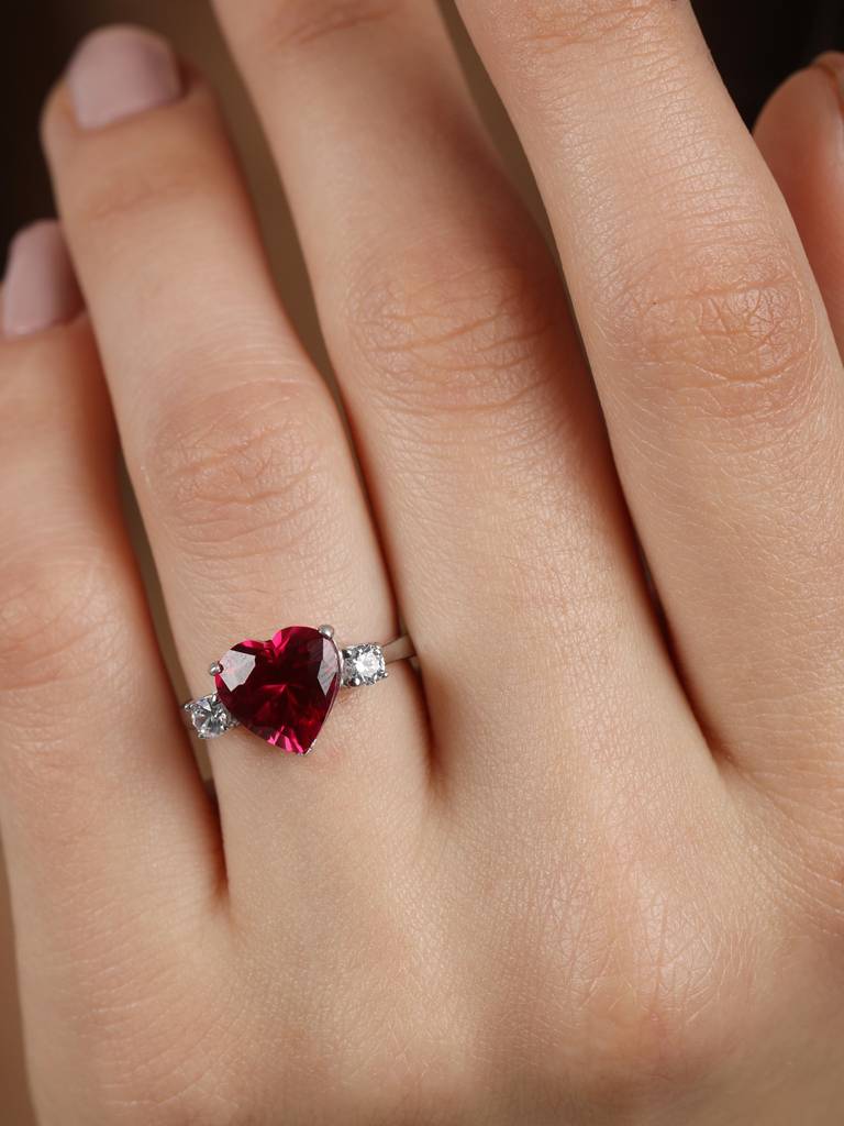 925 Sterling Silver Rhodium Plated Swiss Zirconia Blood Red Heart Ring With Adjustable Band Gift For Women & Gi : CSCLRR1HT_RU