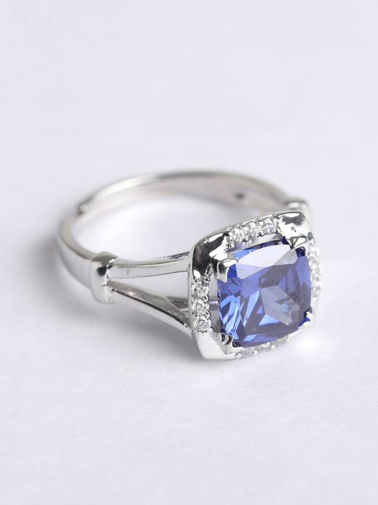 925 Sterling Silver Rhodium Plated Swiss Zirconia Royal Blue Cushion Ring With Adjustable Band Gift For Women & : CSCLRR2CU_BS