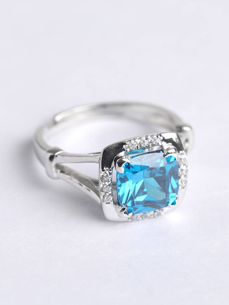 925 Sterling Silver Rhodium Plated Swiss Zirconia Sky Blue Cushion Ring With Adjustable Band Gift For Women & G : CSCLRR2CU_BT