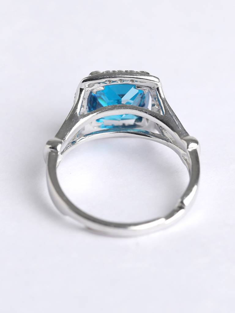 925 Sterling Silver Rhodium Plated Swiss Zirconia Sky Blue Cushion Ring With Adjustable Band Gift For Women & G : CSCLRR2CU_BT
