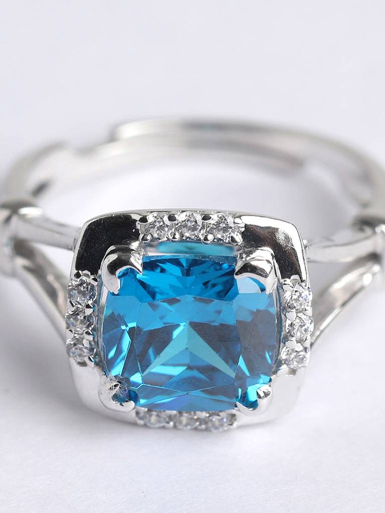 925 Sterling Silver Rhodium Plated Swiss Zirconia Sky Blue Cushion Ring With Adjustable Band Gift For Women & G : CSCLRR2CU_BT