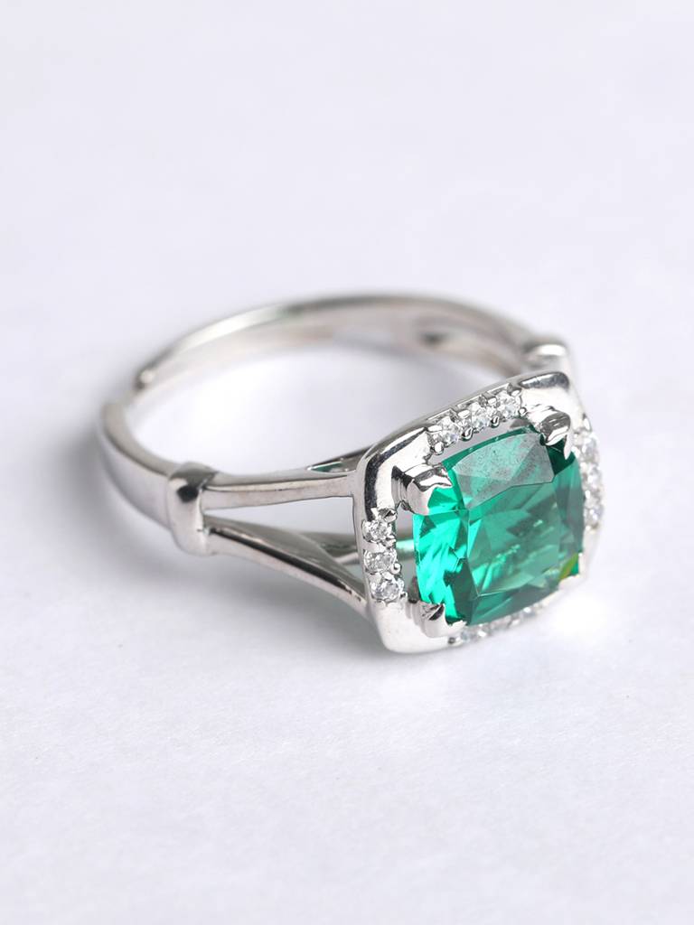 925 Sterling Silver Rhodium Plated Swiss Zirconia Dark Green Cushion Ring With Adjustable Band Gift For Women & : CSCLRR2CU_EM