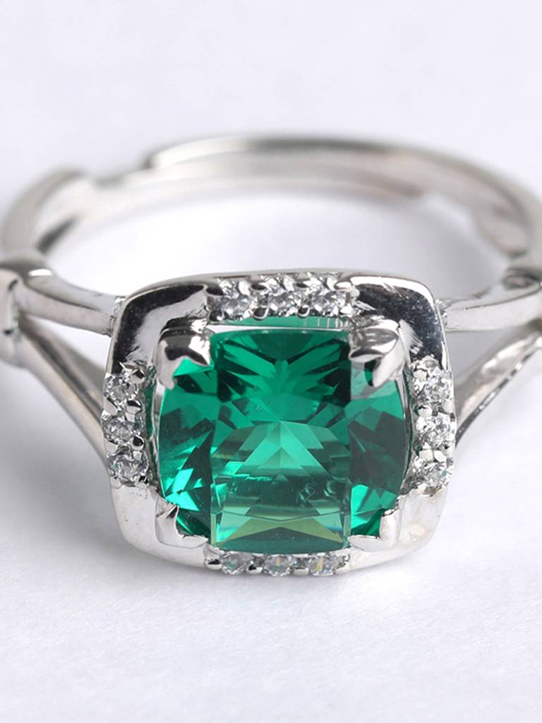 925 Sterling Silver Rhodium Plated Swiss Zirconia Dark Green Cushion Ring With Adjustable Band Gift For Women & : CSCLRR2CU_EM