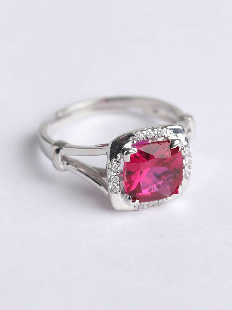 925 Sterling Silver Rhodium Plated Swiss Zirconia Blood Red Cushion Ring With Adjustable Band Gift For Women &  : CSCLRR2CU_RU