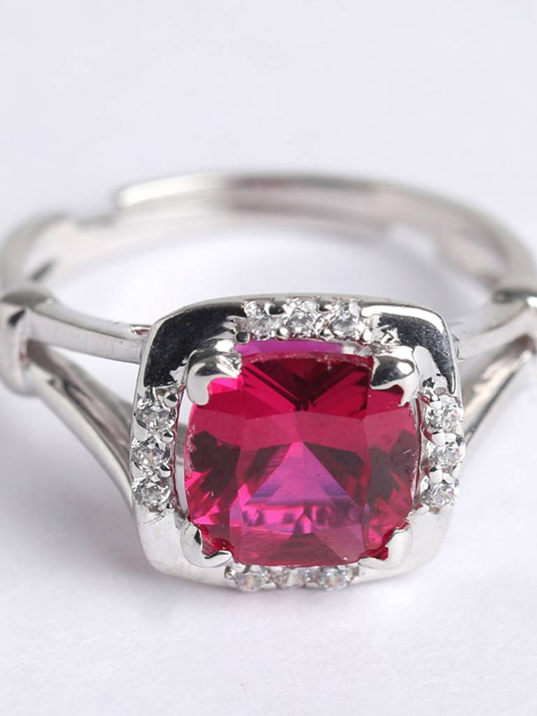 925 Sterling Silver Rhodium Plated Swiss Zirconia Blood Red Cushion Ring With Adjustable Band Gift For Women &  : CSCLRR2CU_RU