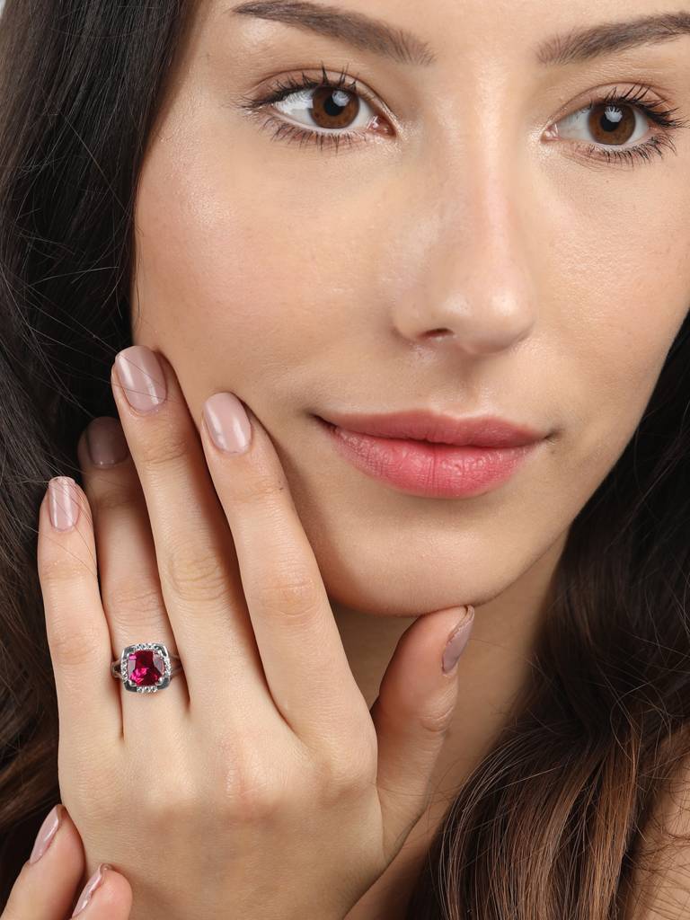 925 Sterling Silver Rhodium Plated Swiss Zirconia Blood Red Cushion Ring With Adjustable Band Gift For Women &  : CSCLRR2CU_RU