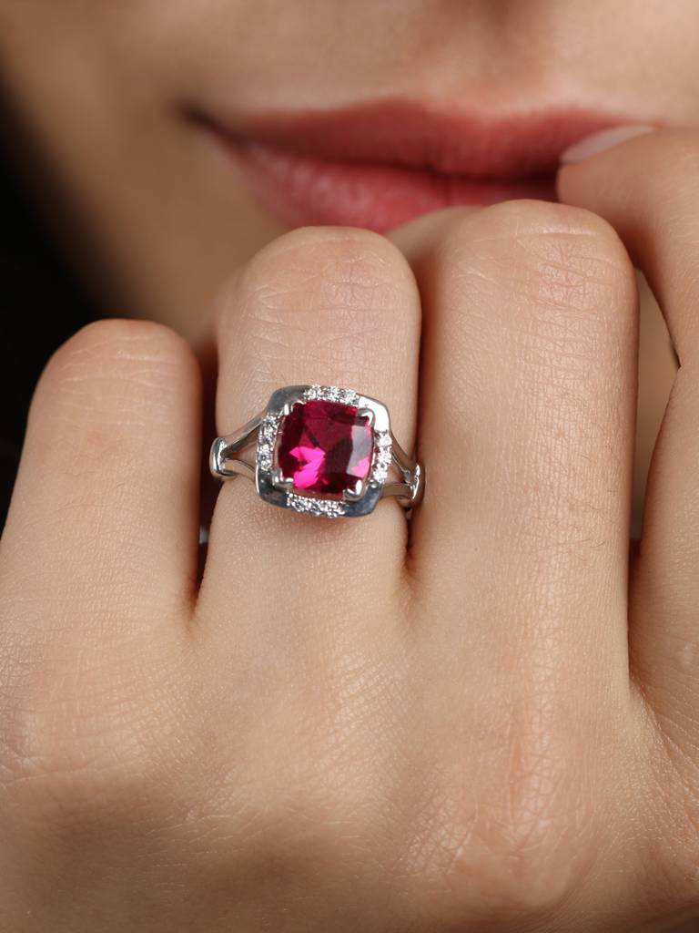 925 Sterling Silver Rhodium Plated Swiss Zirconia Blood Red Cushion Ring With Adjustable Band Gift For Women &  : CSCLRR2CU_RU