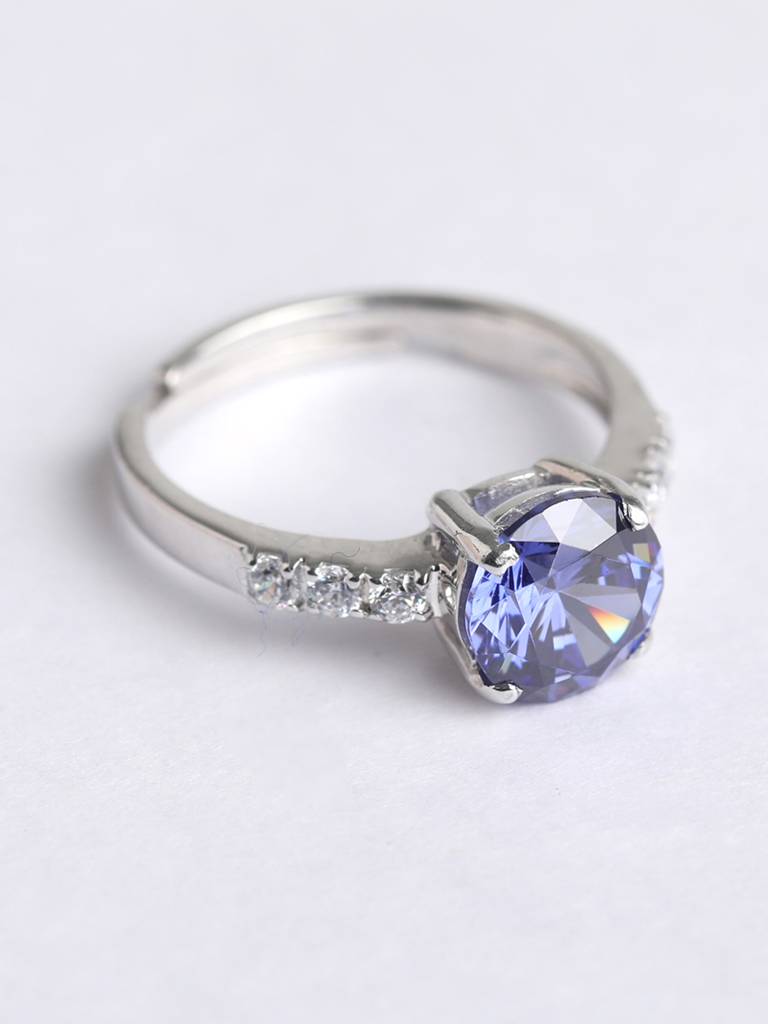 925 Sterling Silver Rhodium Plated Swiss Zirconia Royal Blue Eye Ring With Adjustable Band Gift For Women & Girls : CSCLRR3RD_BS