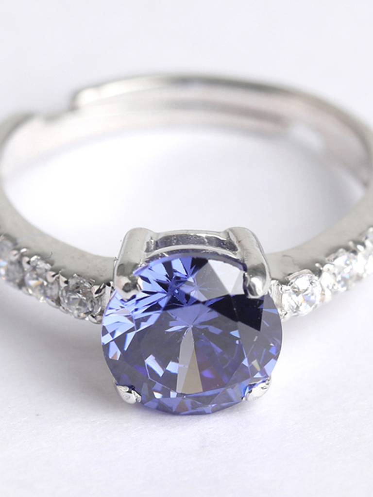 925 Sterling Silver Rhodium Plated Swiss Zirconia Royal Blue Eye Ring With Adjustable Band Gift For Women & Girls : CSCLRR3RD_BS