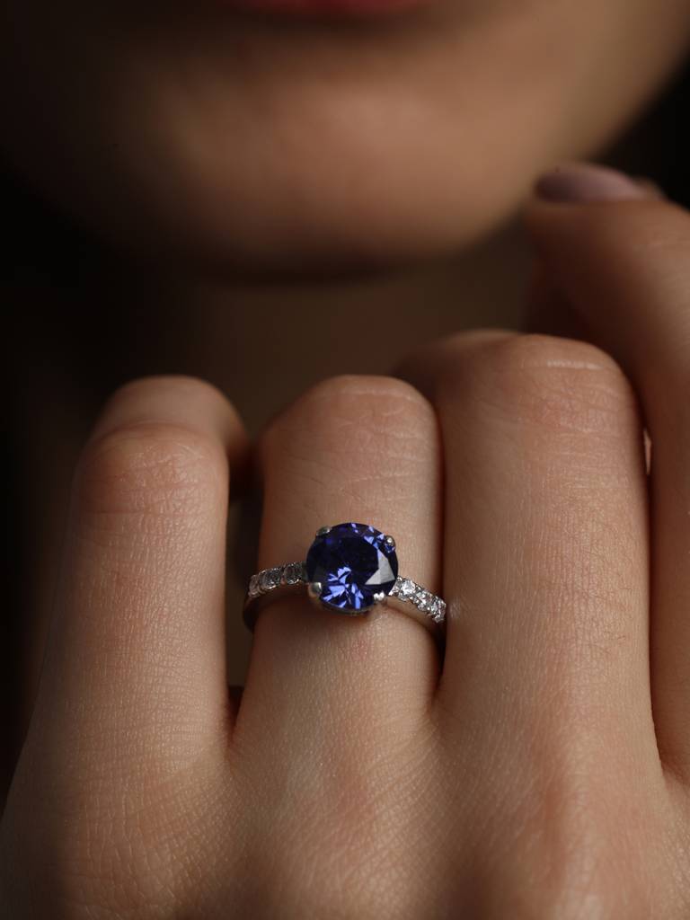 925 Sterling Silver Rhodium Plated Swiss Zirconia Royal Blue Eye Ring With Adjustable Band Gift For Women & Girls : CSCLRR3RD_BS