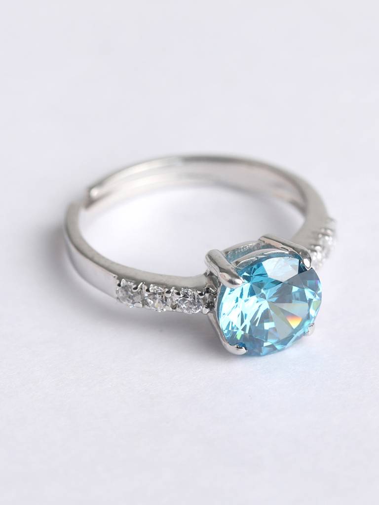 925 Sterling Silver Rhodium Plated Swiss Zirconia Sky Blue Eye Ring With Adjustable Band Gift For Women & Girls : CSCLRR3RD_BT