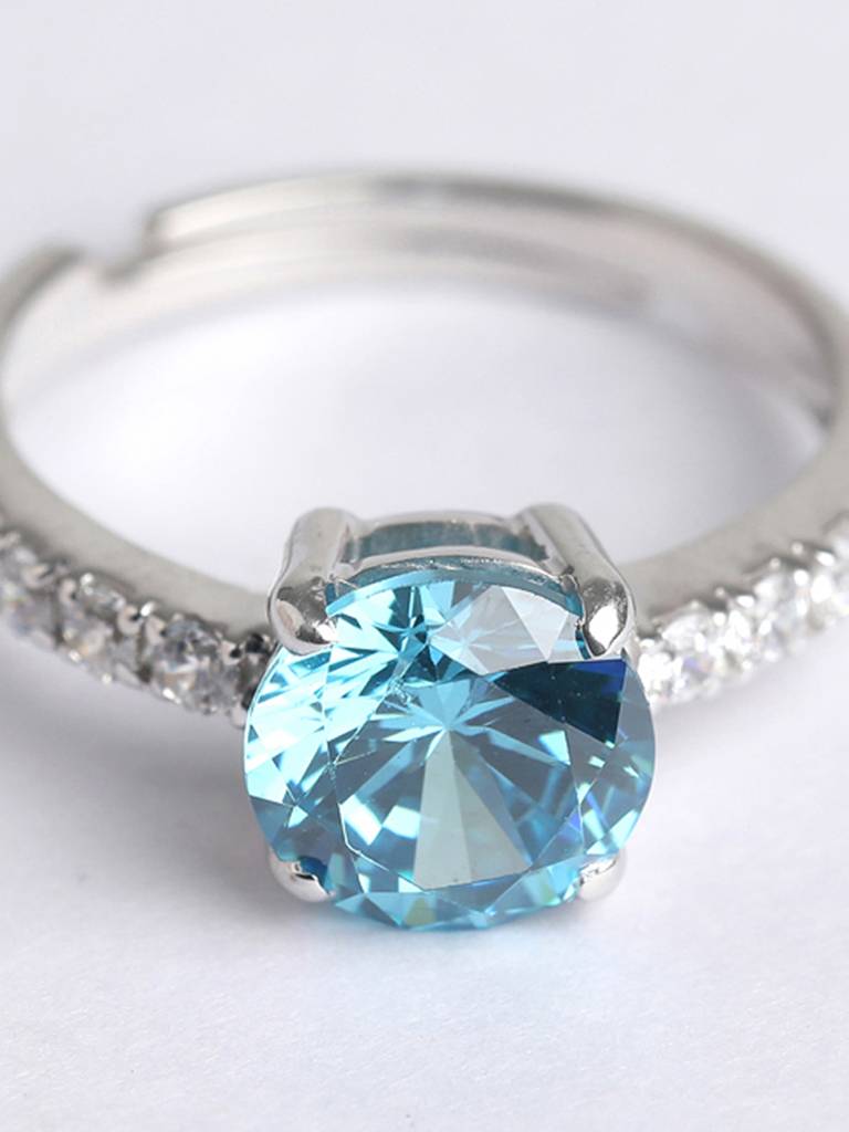 925 Sterling Silver Rhodium Plated Swiss Zirconia Sky Blue Eye Ring With Adjustable Band Gift For Women & Girls : CSCLRR3RD_BT