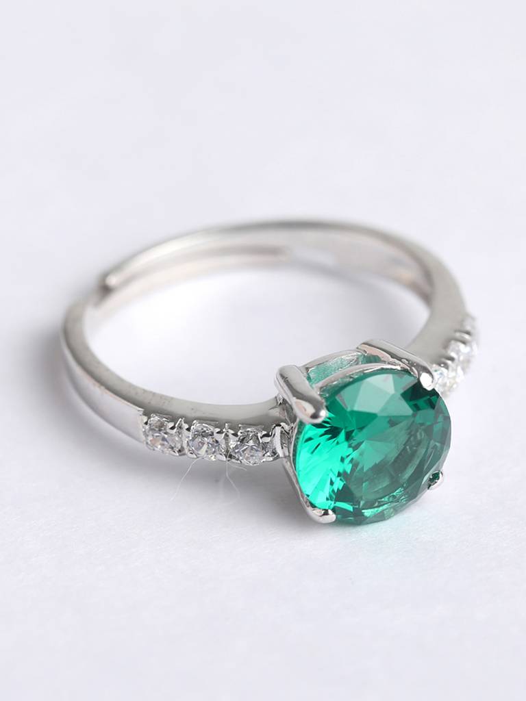 925 Sterling Silver Rhodium Plated Swiss Zirconia Dark Green Eye Ring With Adjustable Band Gift For Women & Girls : CSCLRR3RD_EM