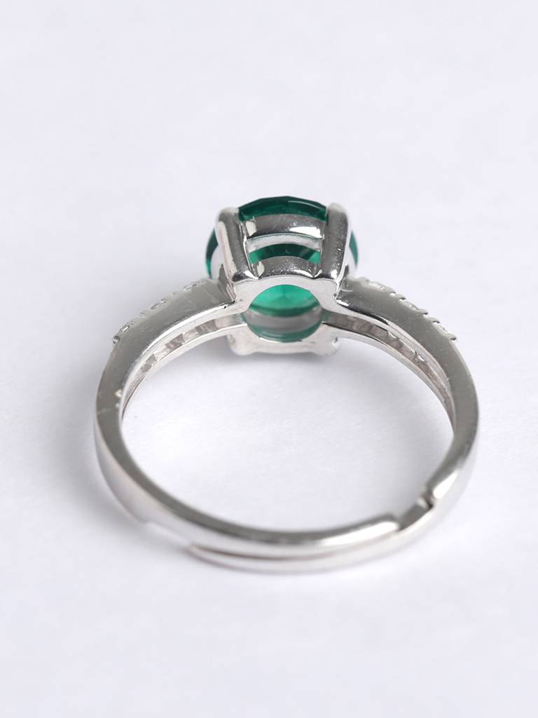925 Sterling Silver Rhodium Plated Swiss Zirconia Dark Green Eye Ring With Adjustable Band Gift For Women & Girls : CSCLRR3RD_EM