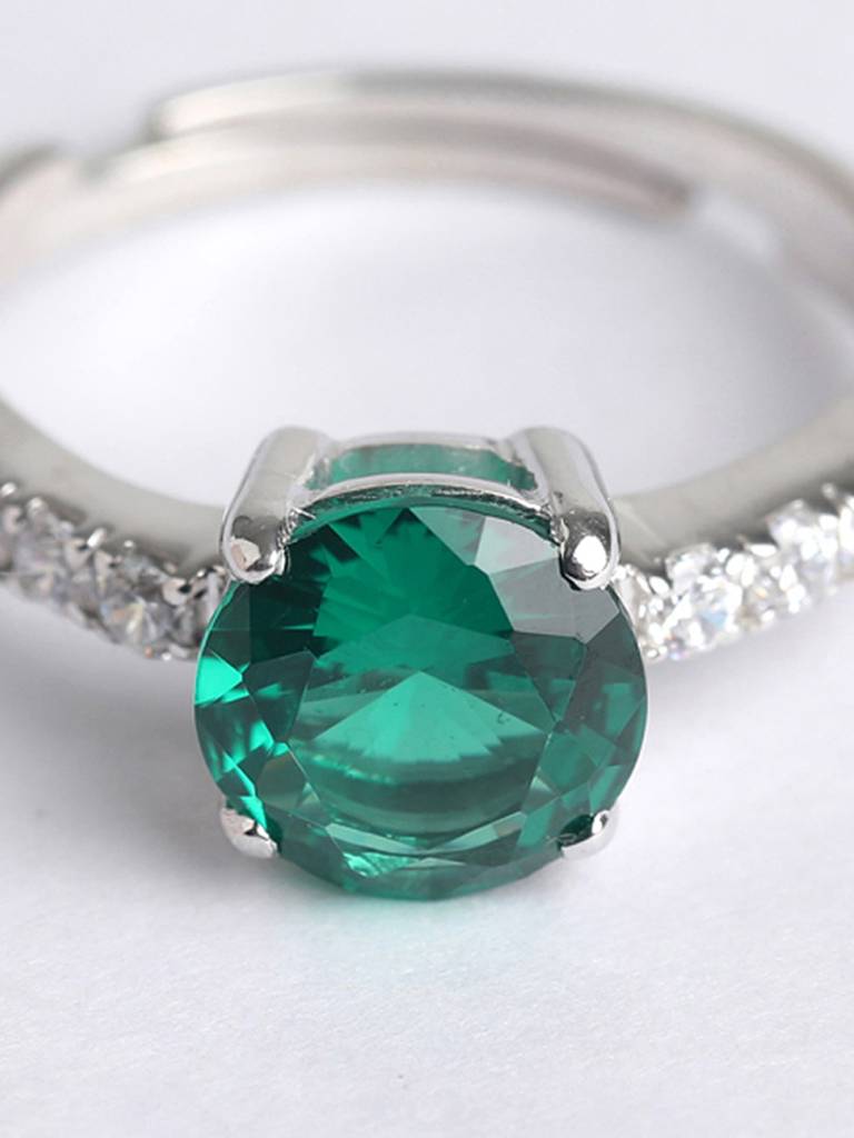 925 Sterling Silver Rhodium Plated Swiss Zirconia Dark Green Eye Ring With Adjustable Band Gift For Women & Girls : CSCLRR3RD_EM