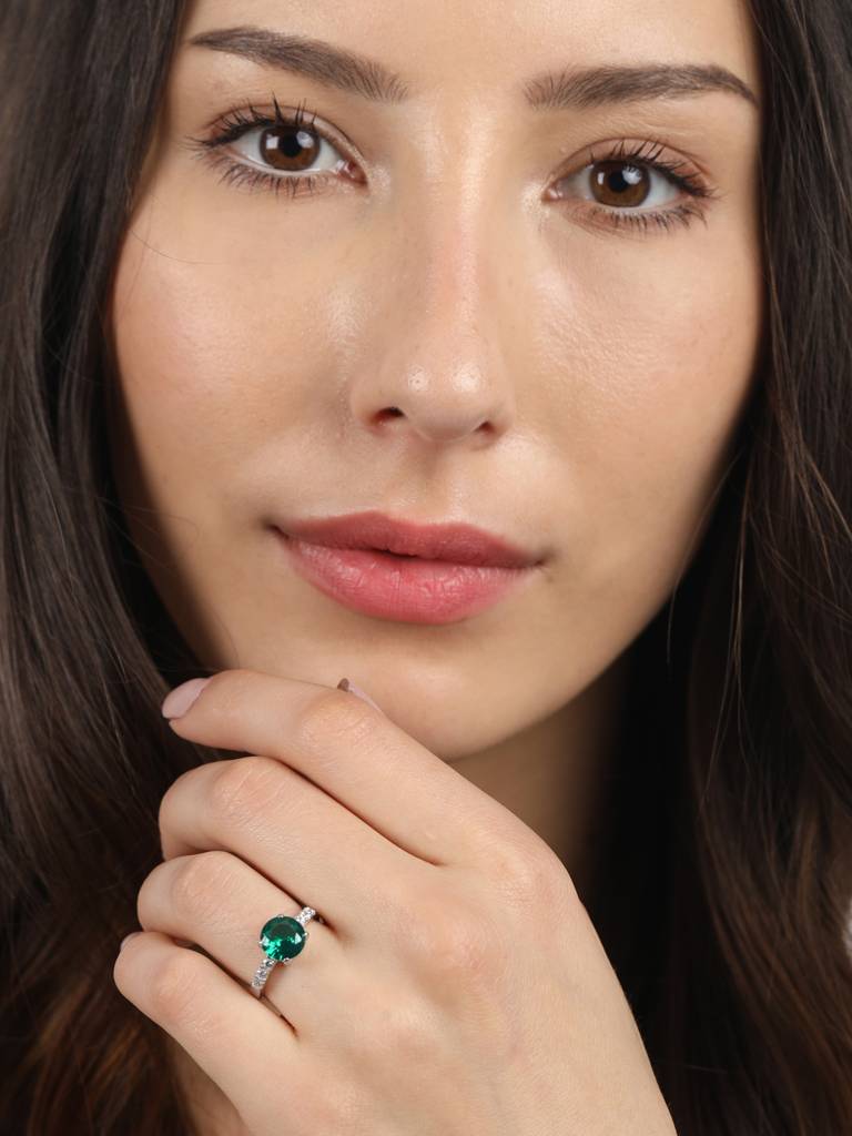 925 Sterling Silver Rhodium Plated Swiss Zirconia Dark Green Eye Ring With Adjustable Band Gift For Women & Girls : CSCLRR3RD_EM