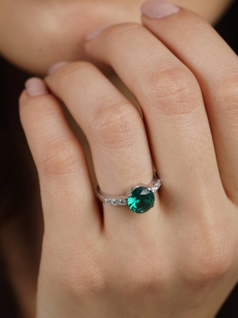 925 Sterling Silver Rhodium Plated Swiss Zirconia Dark Green Eye Ring With Adjustable Band Gift For Women & Girls : CSCLRR3RD_EM