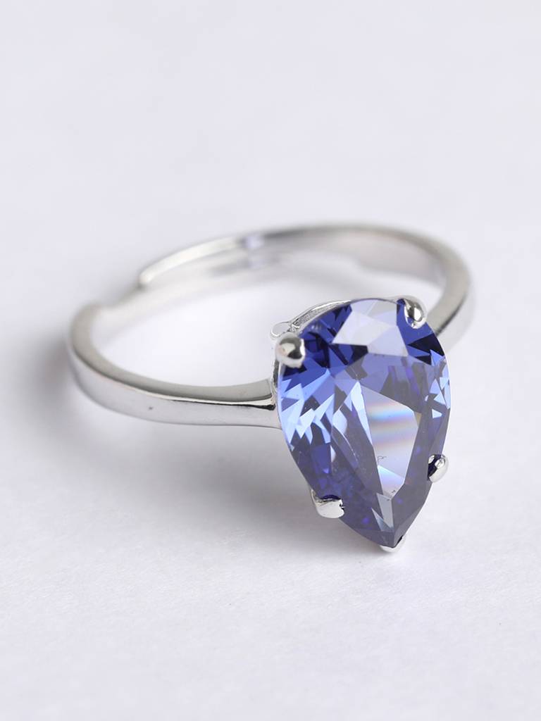 925 Sterling Silver Rhodium Plated Swiss Zirconia Royal Blue Tear Drop Ring With Adjustable Band Gift For Women : CSCLRR4PR_BS