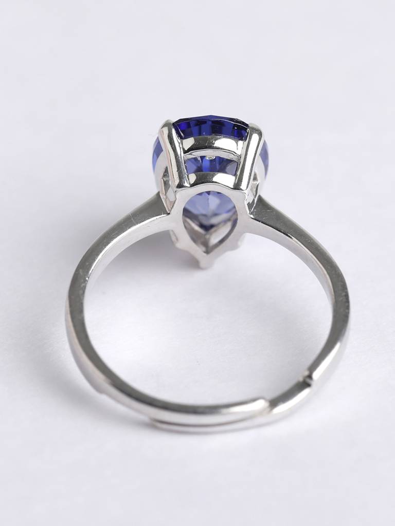 925 Sterling Silver Rhodium Plated Swiss Zirconia Royal Blue Tear Drop Ring With Adjustable Band Gift For Women : CSCLRR4PR_BS