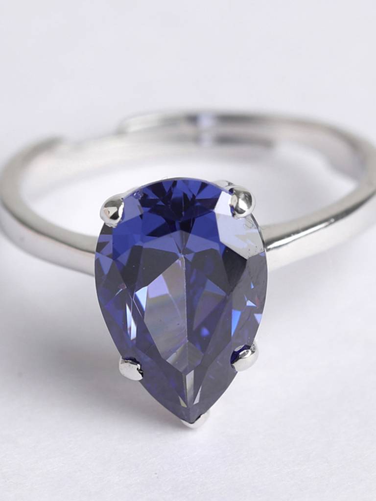 925 Sterling Silver Rhodium Plated Swiss Zirconia Royal Blue Tear Drop Ring With Adjustable Band Gift For Women : CSCLRR4PR_BS