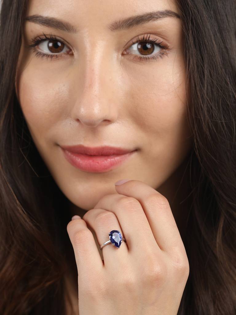 925 Sterling Silver Rhodium Plated Swiss Zirconia Royal Blue Tear Drop Ring With Adjustable Band Gift For Women : CSCLRR4PR_BS