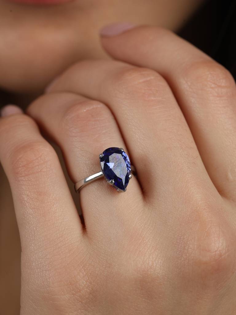 925 Sterling Silver Rhodium Plated Swiss Zirconia Royal Blue Tear Drop Ring With Adjustable Band Gift For Women : CSCLRR4PR_BS