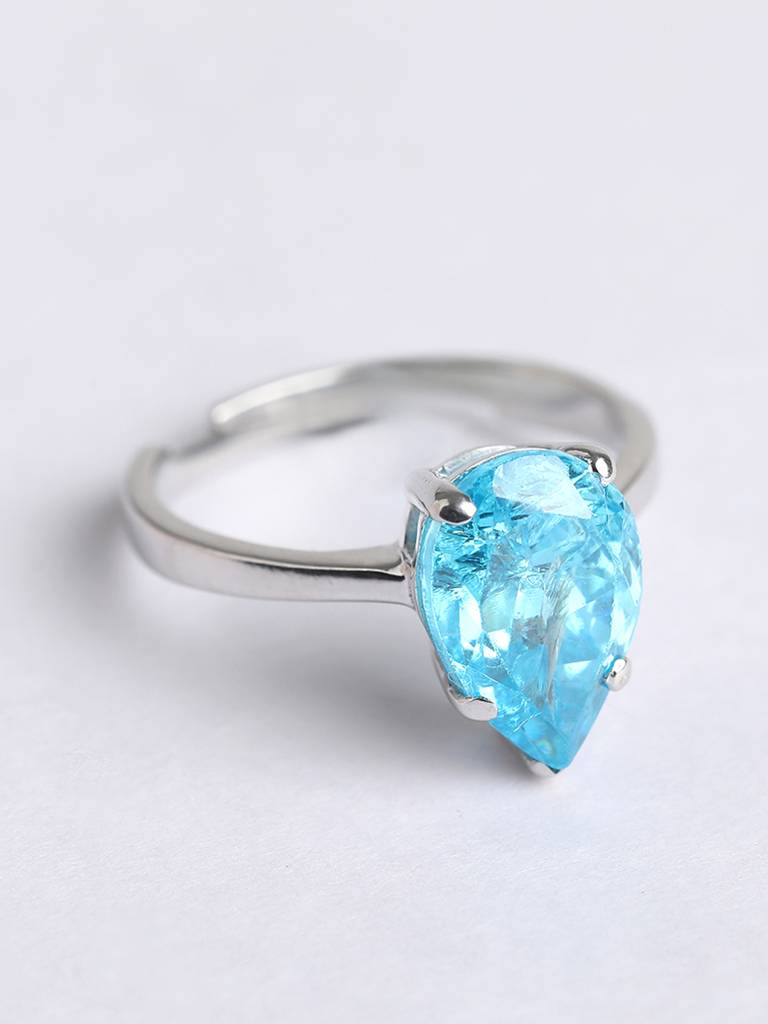 925 Sterling Silver Rhodium Plated Swiss Zirconia Sky Blue Tear Drop Ring With Adjustable Band Gift For Women & : CSCLRR4PR_BT