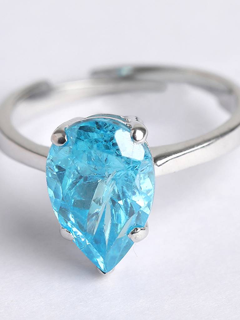 925 Sterling Silver Rhodium Plated Swiss Zirconia Sky Blue Tear Drop Ring With Adjustable Band Gift For Women & : CSCLRR4PR_BT