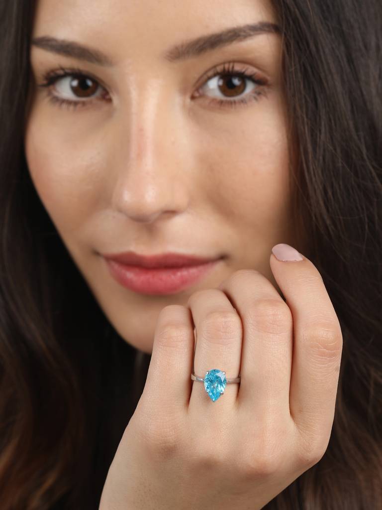 925 Sterling Silver Rhodium Plated Swiss Zirconia Sky Blue Tear Drop Ring With Adjustable Band Gift For Women & : CSCLRR4PR_BT