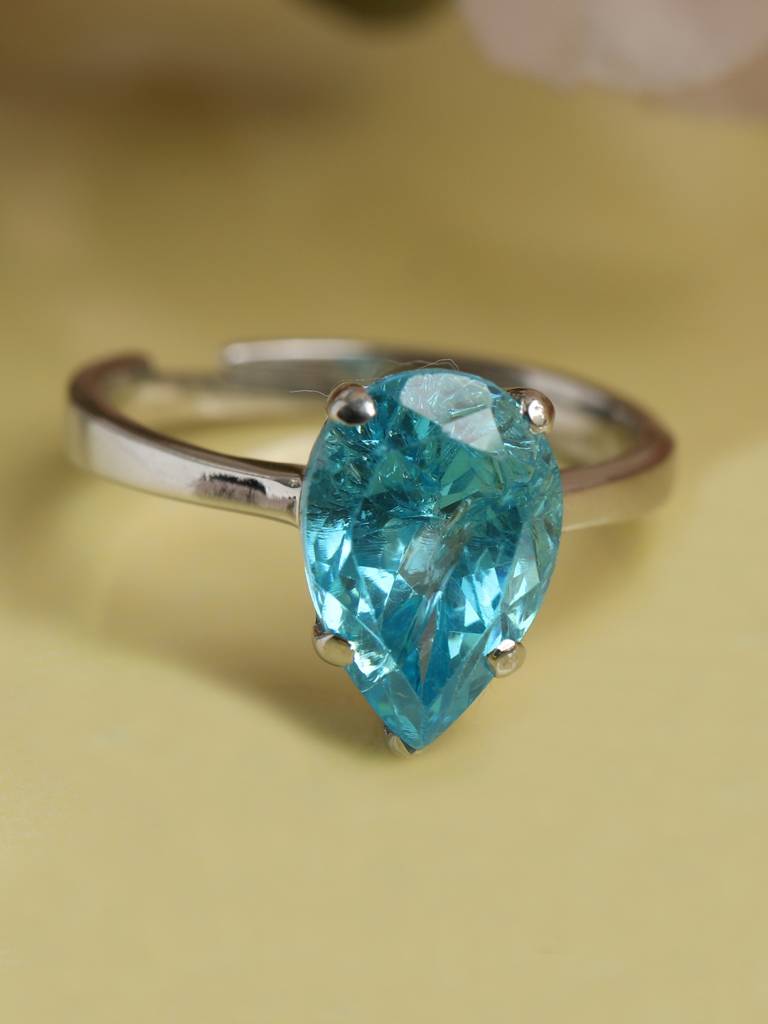 925 Sterling Silver Rhodium Plated Swiss Zirconia Sky Blue Tear Drop Ring With Adjustable Band Gift For Women & : CSCLRR4PR_BT