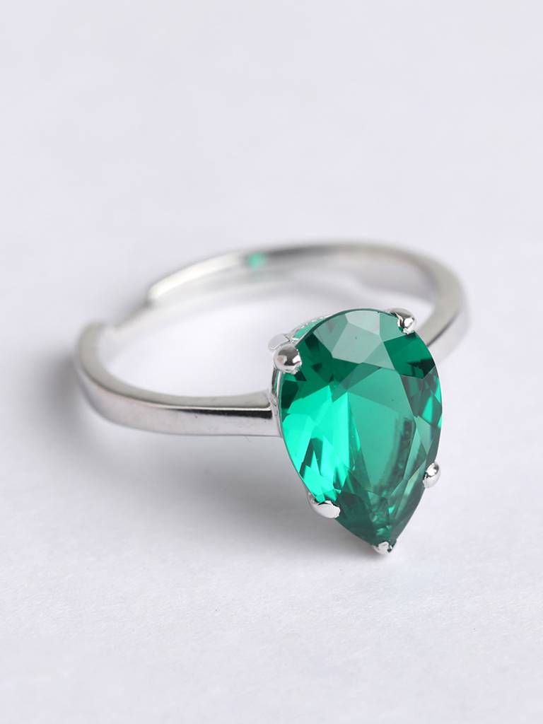 925 Sterling Silver Rhodium Plated Swiss Zirconia Dark Green Tear Drop Ring With Adjustable Band Gift For Women : CSCLRR4PR_EM