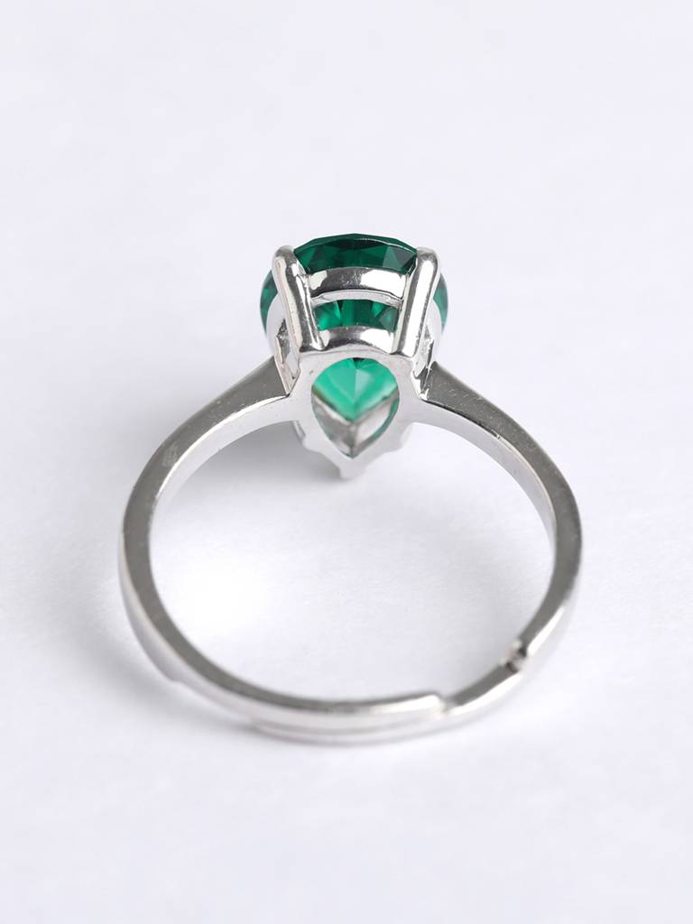 925 Sterling Silver Rhodium Plated Swiss Zirconia Dark Green Tear Drop Ring With Adjustable Band Gift For Women : CSCLRR4PR_EM