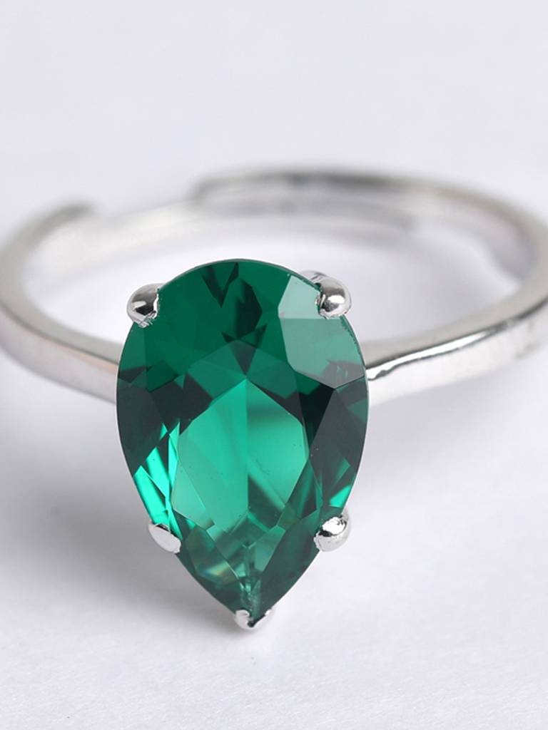 925 Sterling Silver Rhodium Plated Swiss Zirconia Dark Green Tear Drop Ring With Adjustable Band Gift For Women : CSCLRR4PR_EM