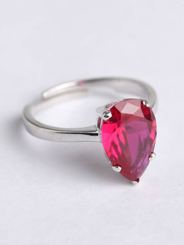 925 Sterling Silver Rhodium Plated Swiss Zirconia Blood Red Tear Drop Ring With Adjustable Band Gift For Women  : CSCLRR4PR_RU