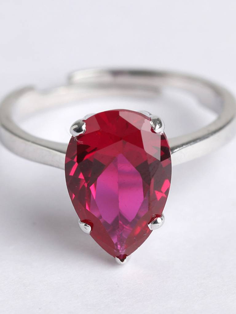 925 Sterling Silver Rhodium Plated Swiss Zirconia Blood Red Tear Drop Ring With Adjustable Band Gift For Women  : CSCLRR4PR_RU