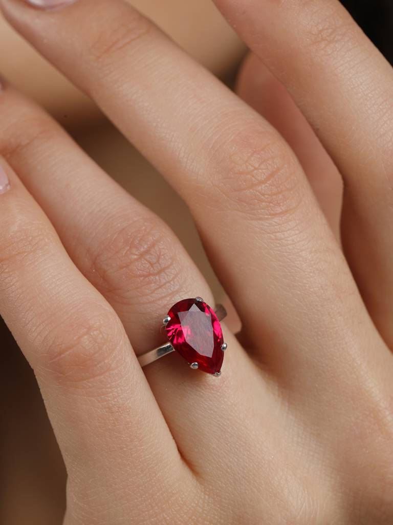 925 Sterling Silver Rhodium Plated Swiss Zirconia Blood Red Tear Drop Ring With Adjustable Band Gift For Women  : CSCLRR4PR_RU