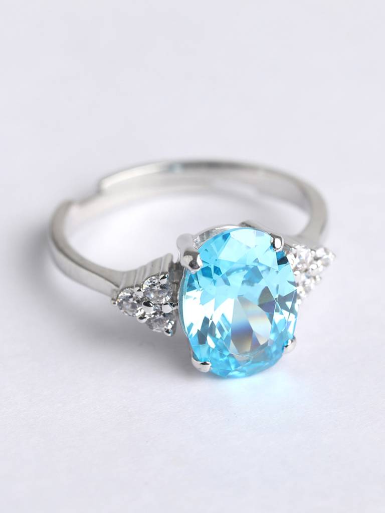 925 Sterling Silver Rhodium Plated Swiss Zirconia Sky Blue Oval Ring With Adjustable Band Gift For Women & Girls : CSCLRR5OV_BT