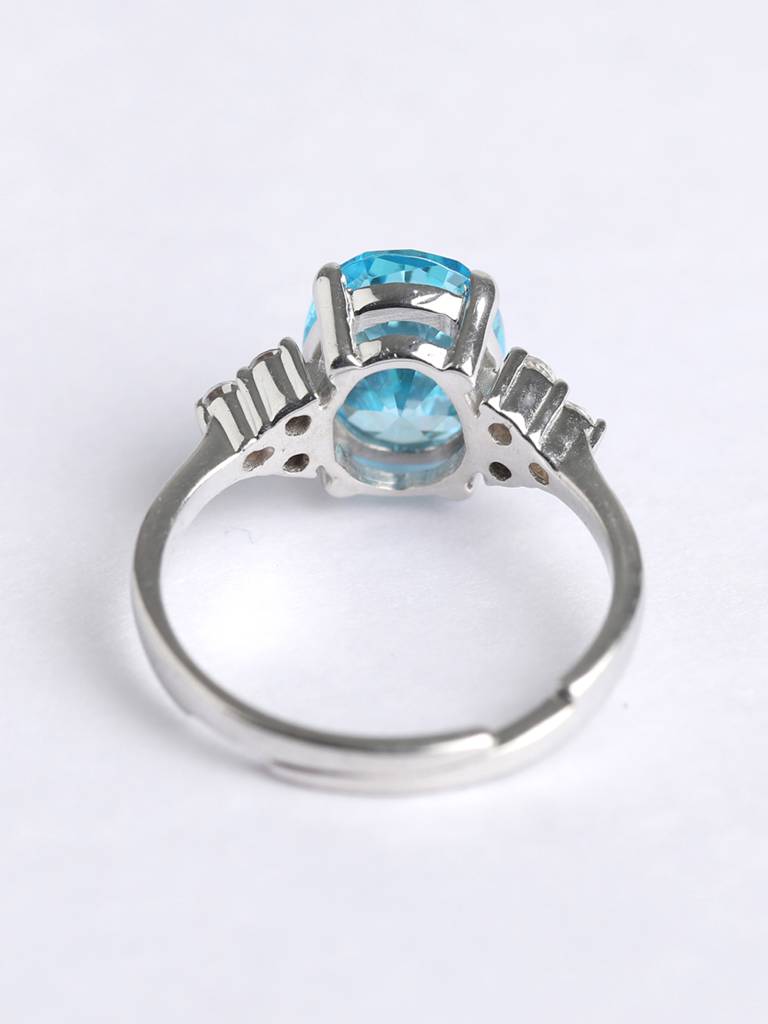 925 Sterling Silver Rhodium Plated Swiss Zirconia Sky Blue Oval Ring With Adjustable Band Gift For Women & Girls : CSCLRR5OV_BT