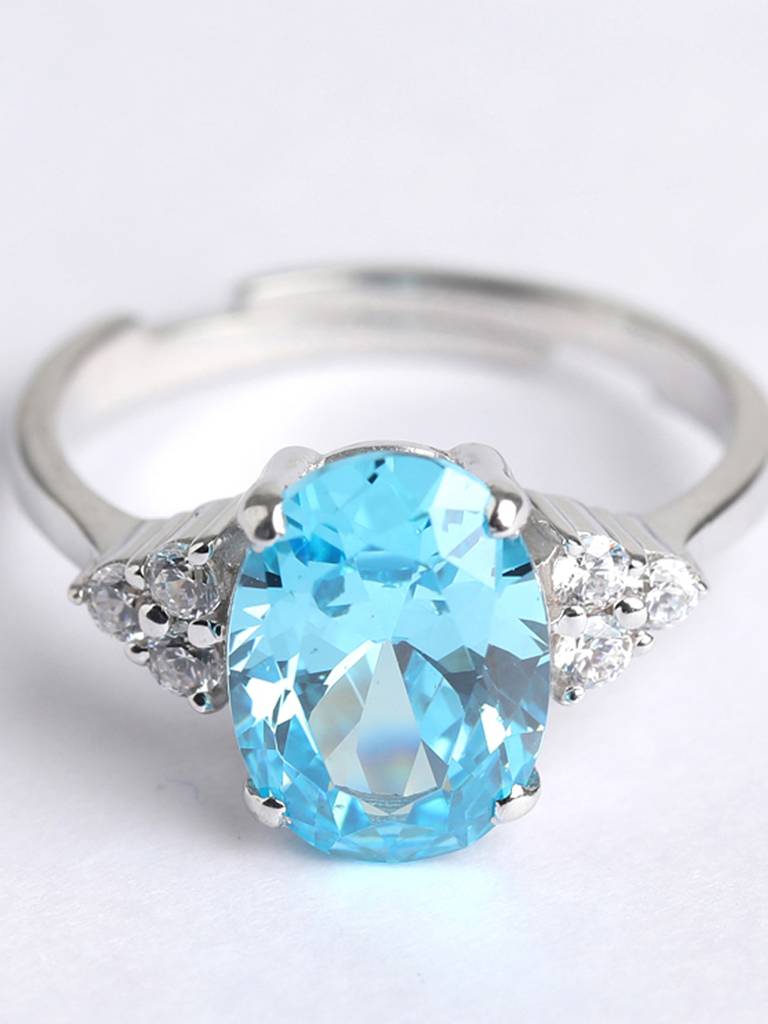 925 Sterling Silver Rhodium Plated Swiss Zirconia Sky Blue Oval Ring With Adjustable Band Gift For Women & Girls : CSCLRR5OV_BT
