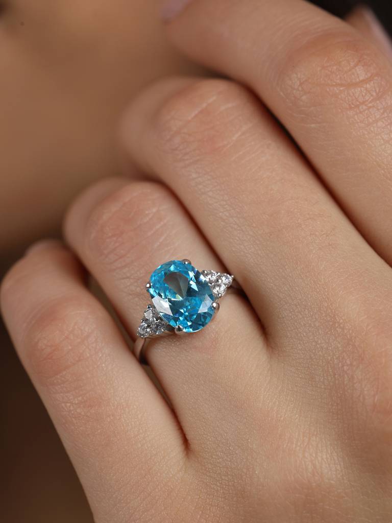 925 Sterling Silver Rhodium Plated Swiss Zirconia Sky Blue Oval Ring With Adjustable Band Gift For Women & Girls : CSCLRR5OV_BT