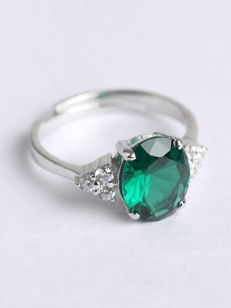 925 Sterling Silver Rhodium Plated Swiss Zirconia Dark Green Oval Ring With Adjustable Band Gift For Women & Gi : CSCLRR5OV_EM
