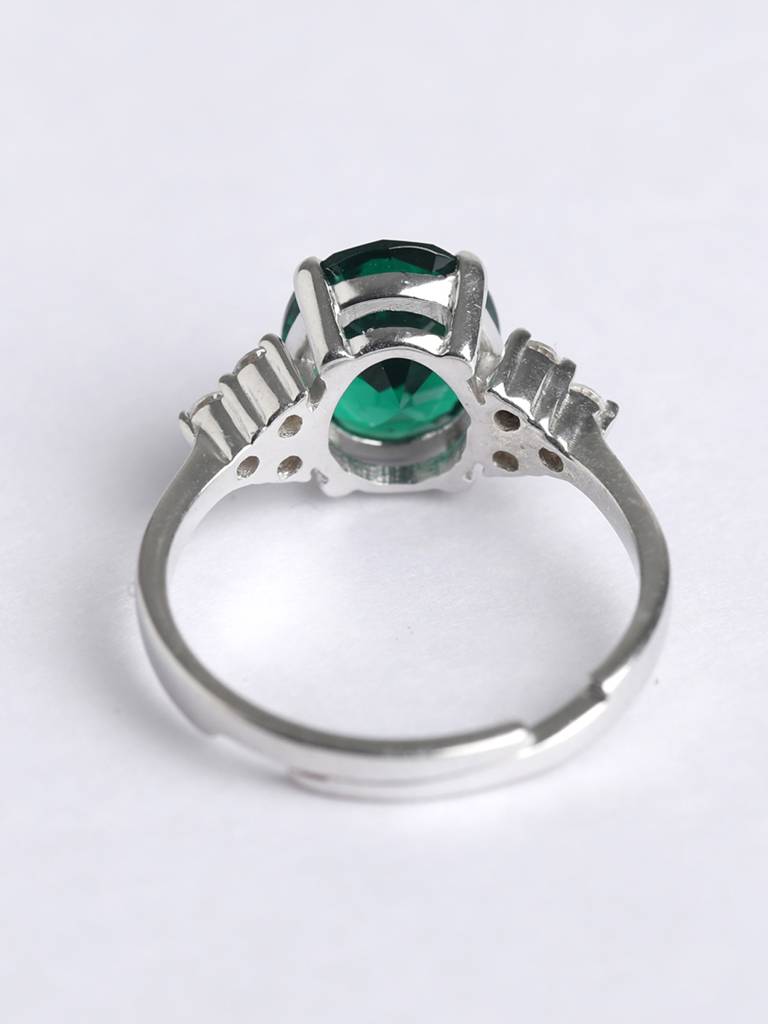 925 Sterling Silver Rhodium Plated Swiss Zirconia Dark Green Oval Ring With Adjustable Band Gift For Women & Gi : CSCLRR5OV_EM