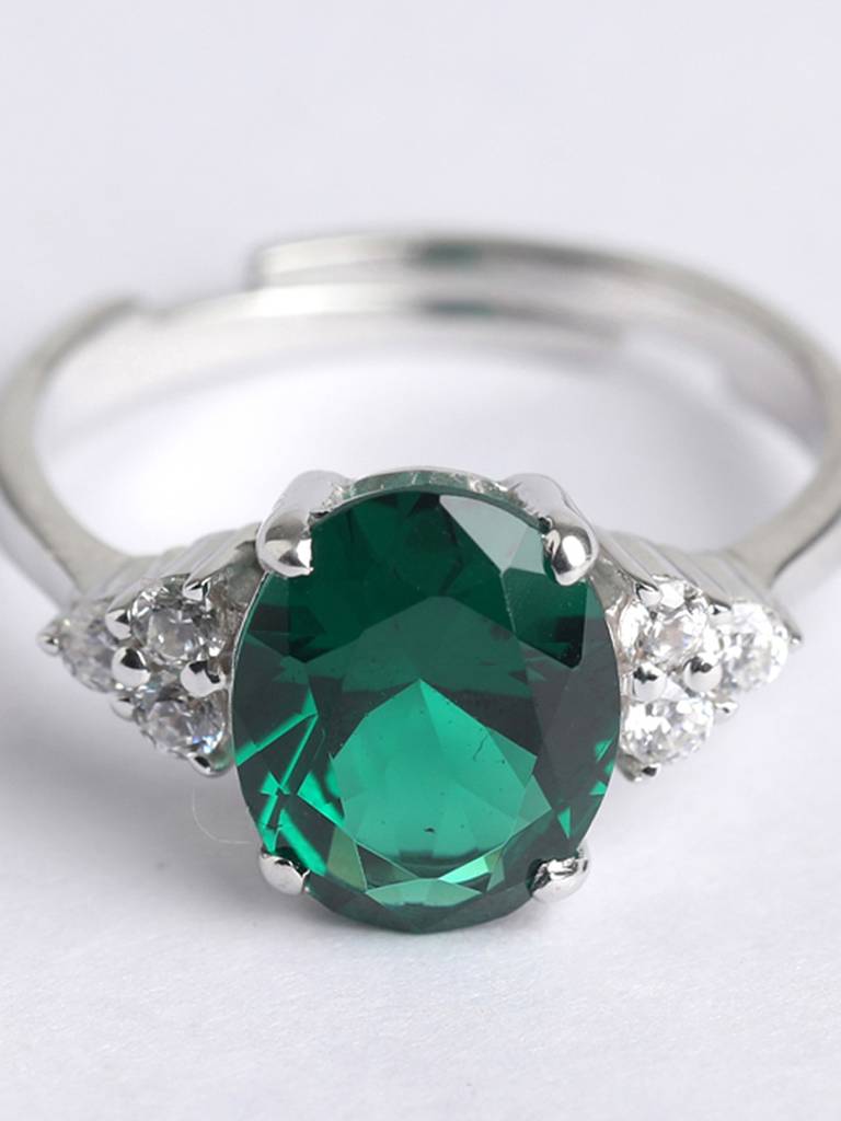 925 Sterling Silver Rhodium Plated Swiss Zirconia Dark Green Oval Ring With Adjustable Band Gift For Women & Gi : CSCLRR5OV_EM