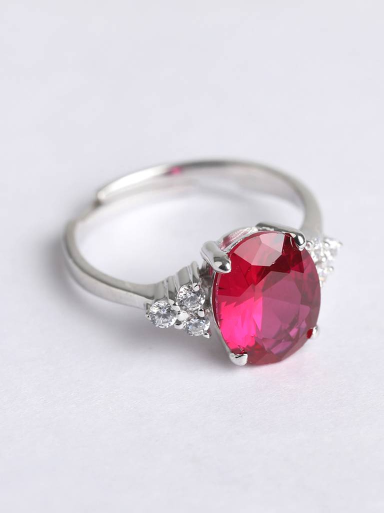 925 Sterling Silver Rhodium Plated Swiss Zirconia Blood Red Oval Ring With Adjustable Band Gift For Women & Girls : CSCLRR5OV_RU